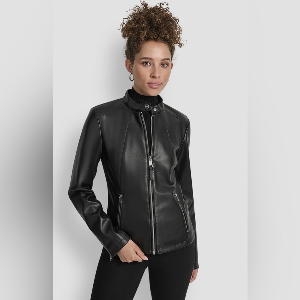 DKNY Black Faux Leather Moto Jacket Leopard Lining Small NWT $150‎ Value